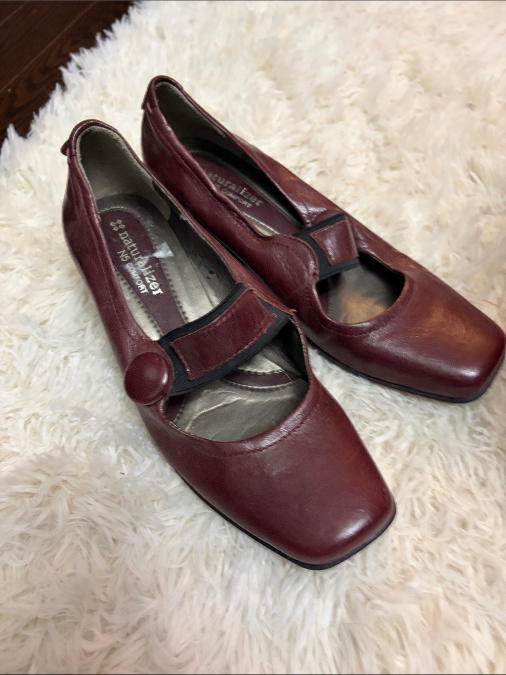 Naturalizer Women's Burgundy Leather Mary Jane Flats with Button Strap